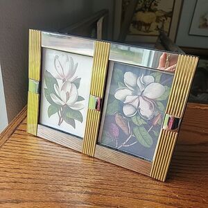 Vtg 2 Tone Gold and Silver Double photo frame holds 2- 3.5x5 photos MCM Art Deco